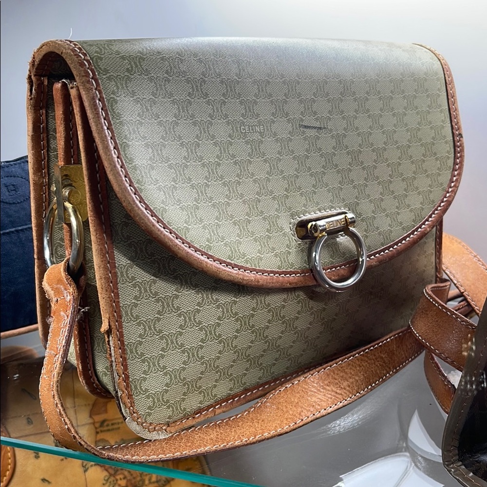 Celine Green and Tan Crossbody Bag with Timeless Design